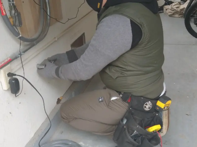 Electrician performing outlet wiring in a Fayette garage